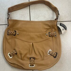 B. Makowsky Tan Leather Shoulder Bag with Braided Details
